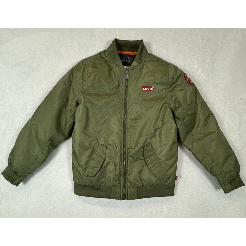 Levi's Bomber Jacket Boys Youth Sz L 12 Green Nylon Logo Embroidered Patch Zips